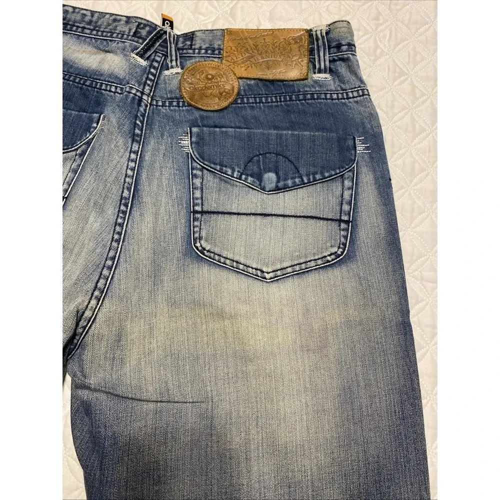 VTG Akademiks Denim Jeans 36 Embroidered Streetwear Missing Button  RN0100964